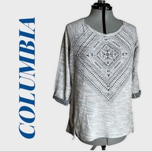 Columbia camping themed 3/4 sleeve woven knit tee